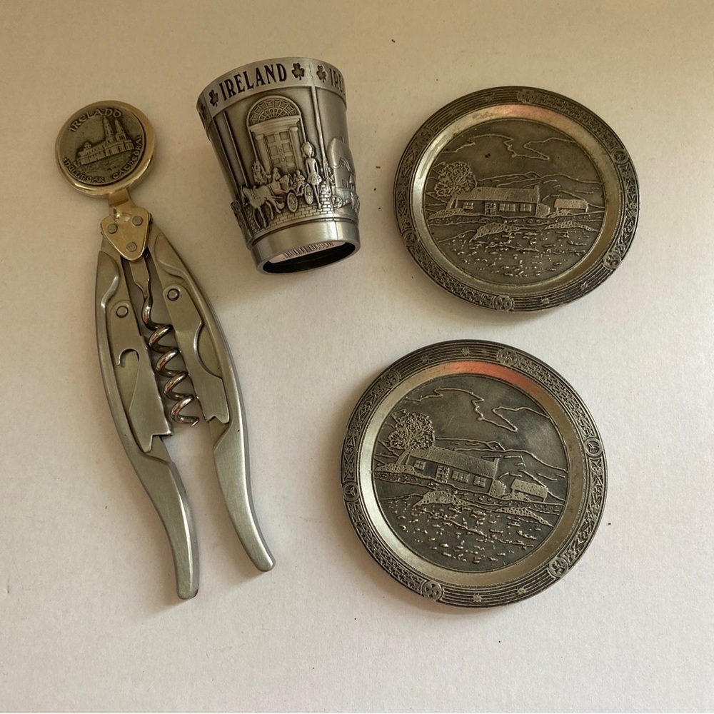 Irish Pewter Bar Set, Shot Glass, Cork Screw Wine Opener and Pair of Coasters